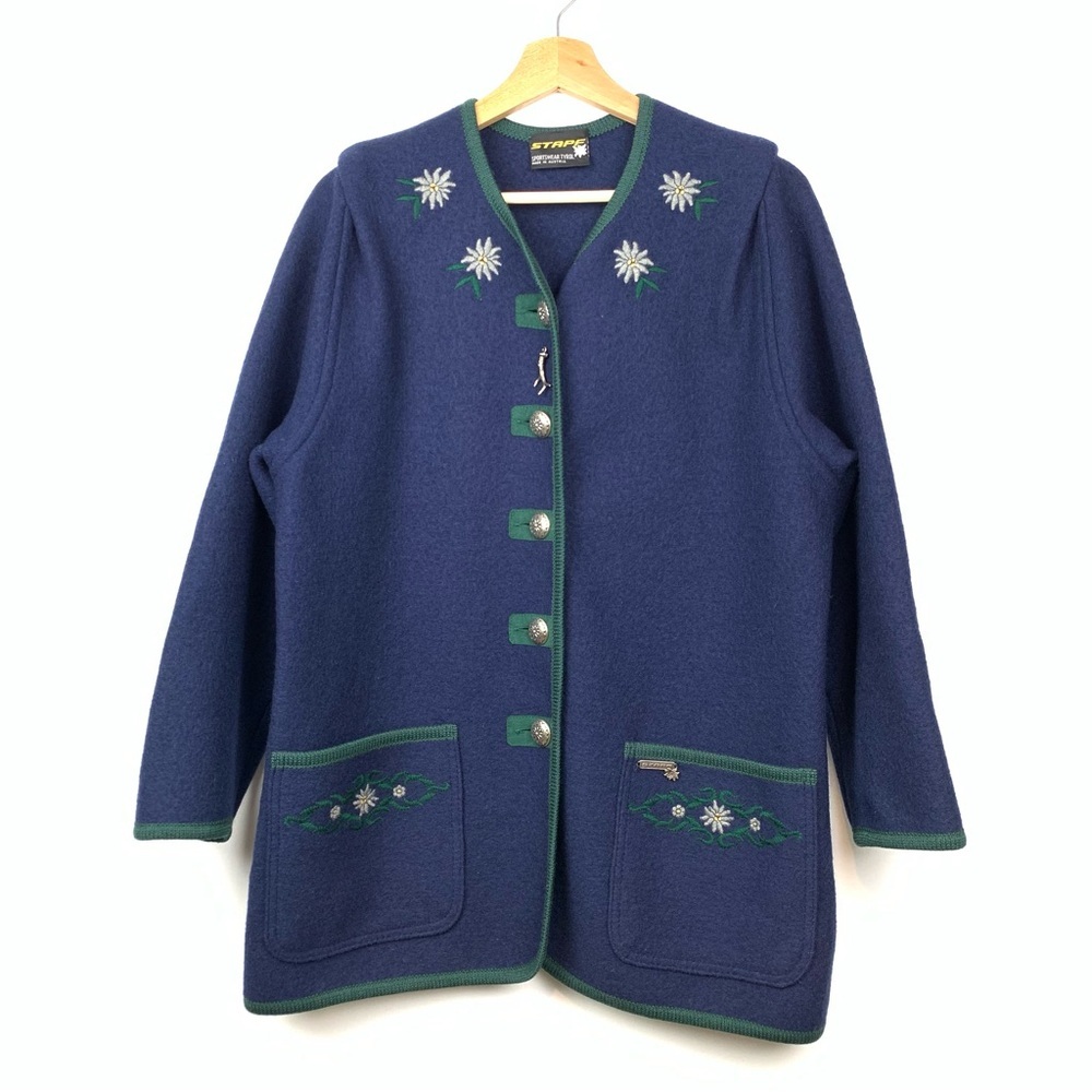 Stapf Boiled Wool Cardigan Blue Sz 42 Floral Austria Tyrol GrandmaCore Cabincore